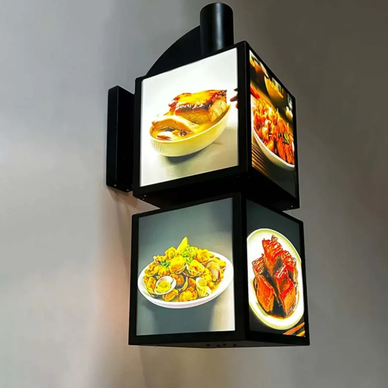 Rotating light box is hung on the side of the wall, and the light-emitting display sign of dishes is hung on