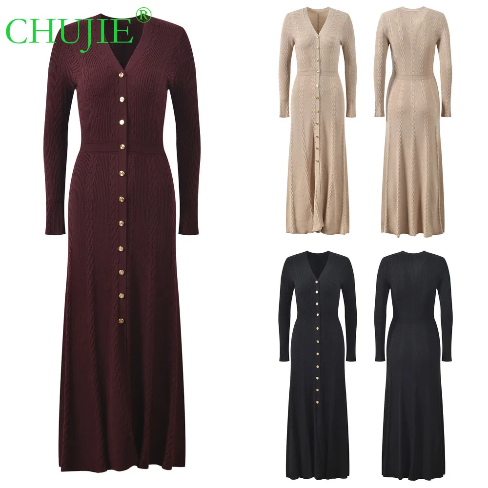 

CHUJIE 2022, осенне-зимнее новое однобортное элегантное модное облегающее платье с v-образным вырезом и длинными рукавами