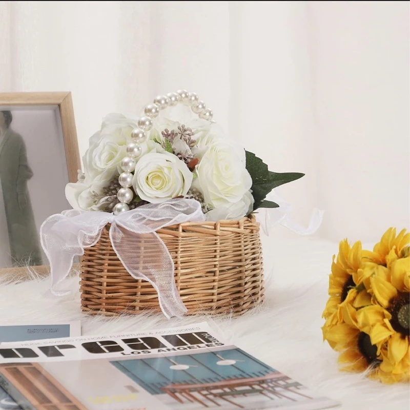New Wicker Flower Girl Basket For Weddings, Rattan Flower Basket Handmade Flower Girl Basket With Handle And Ribbon