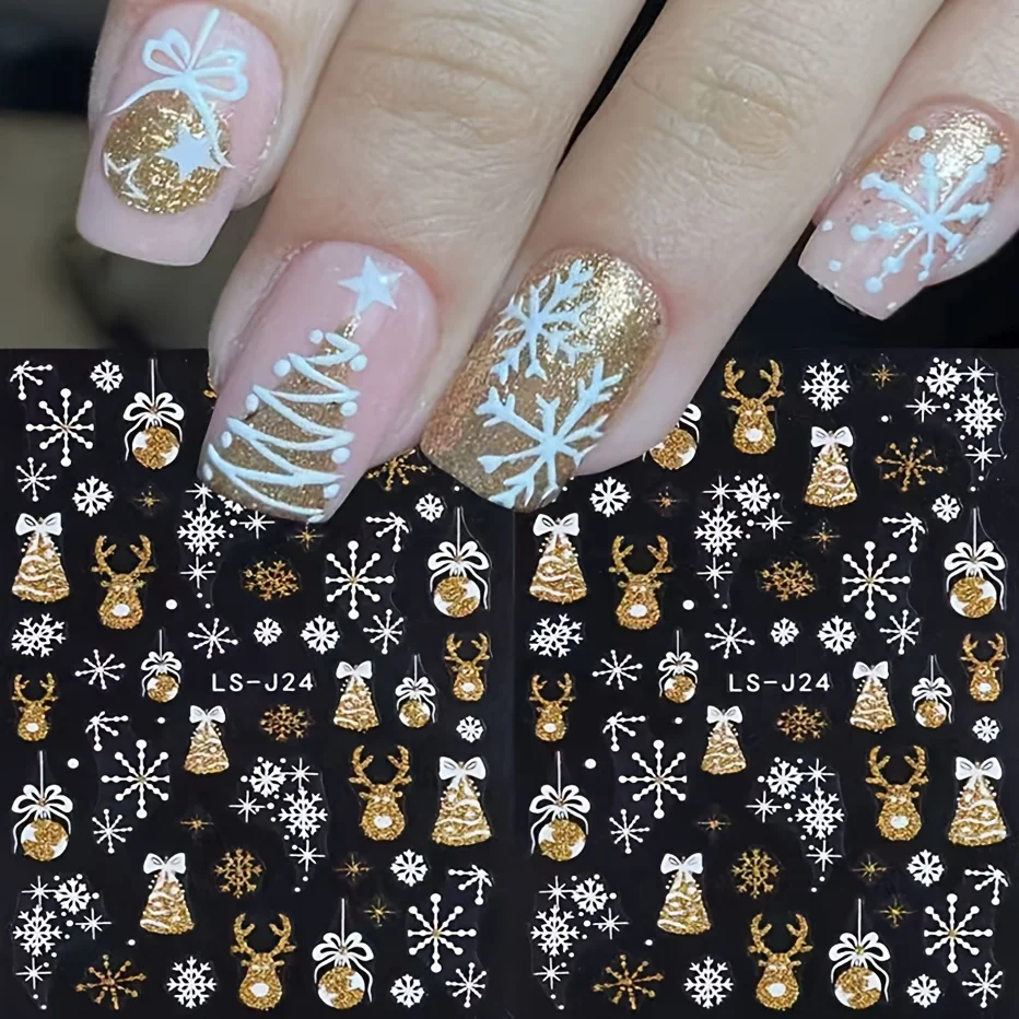 3D selbstklebende Weihnachts-Nagelkunst-Aufkleber – goldene glitzernde Schneeflocken, Glocken, Hirsch, glänzende Kunststoff-Nagelaufkleber,
