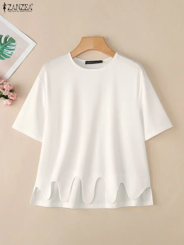 2025 Stylish Summer Blouse ZANZEA Women O Neck Short Sleeve Tops Elegant OL Work Shirt Solid Mujer Female Irregular Hem Blusas