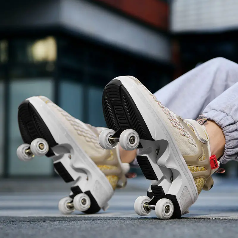 Sapatos de caminhada de quatro rodas podem ser desviados sapatos de alta elasticidade voando tecido patins superfície de malha respirável