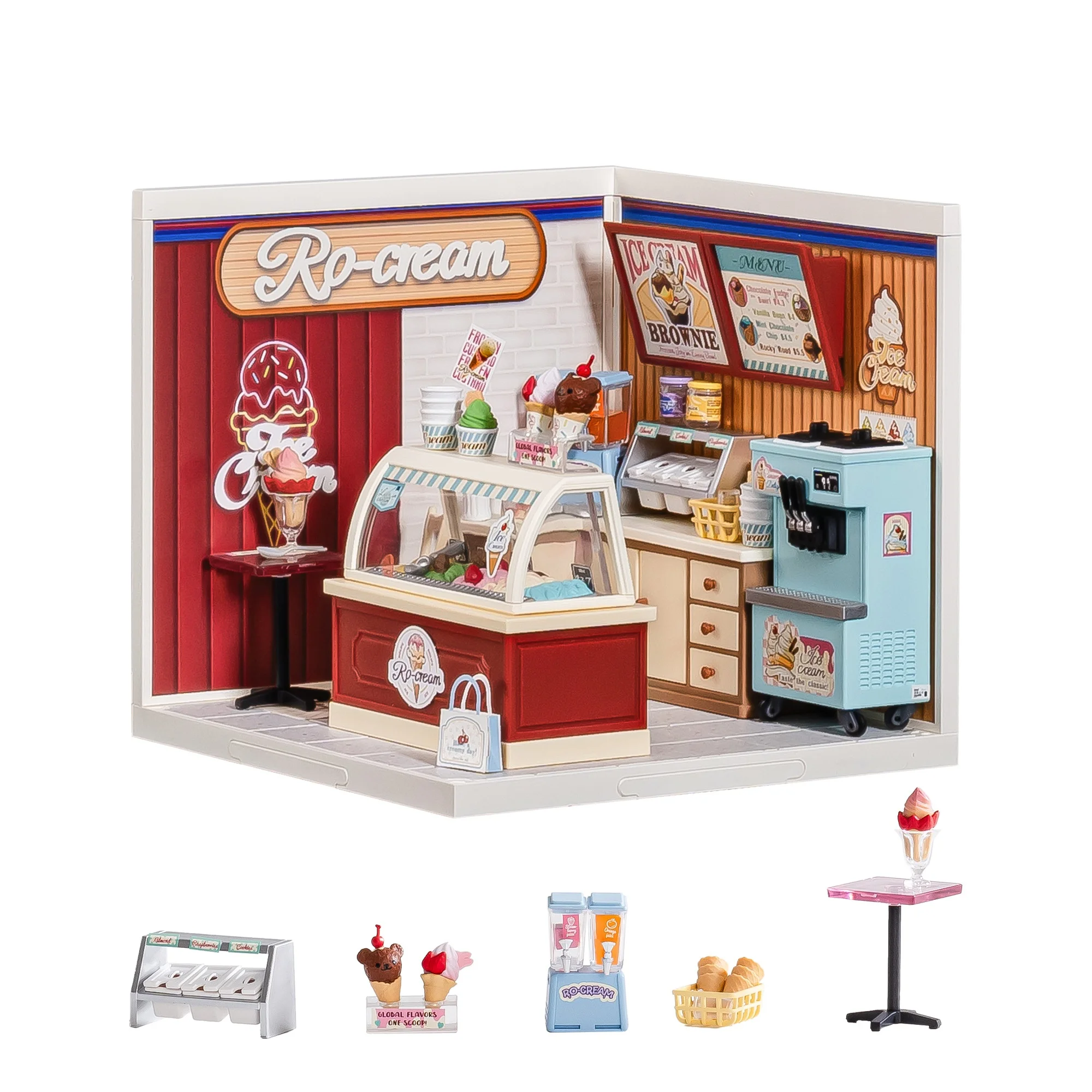 

Rolife DIY Miniature House Kit Flavorful Ice Cream Super Creator Dollhouse 3D Puzzle Model Building Kit with LED for Desk Decor