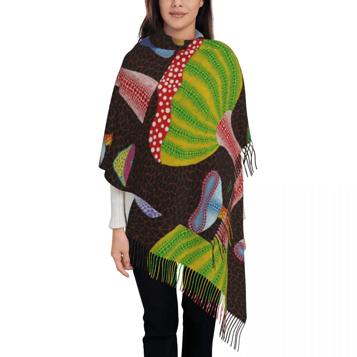 

Womens Scarf with Tassel Yayoi Kusama Large Super Soft Shawl and Wrap Polka Art Reversible Cashmere Scarf