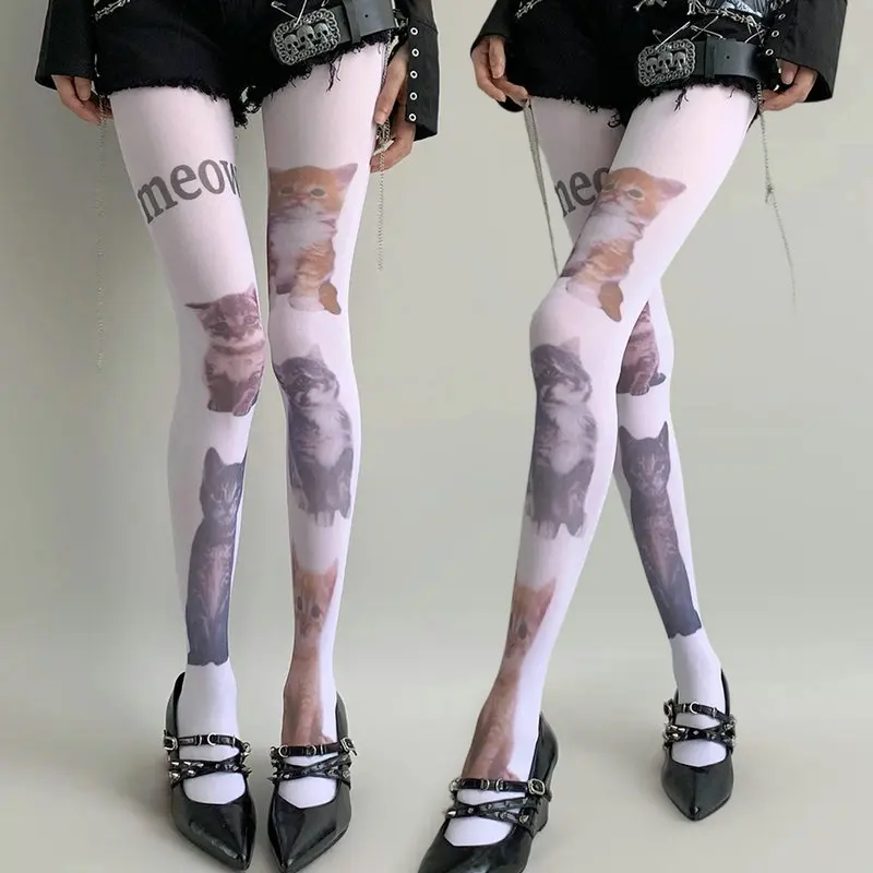

Y2k европейские и американские индивидуальные нишевые колготки с милым японским принтом кота для девочек, базовые носки, кавайные белые колготки в стиле Харадзюку