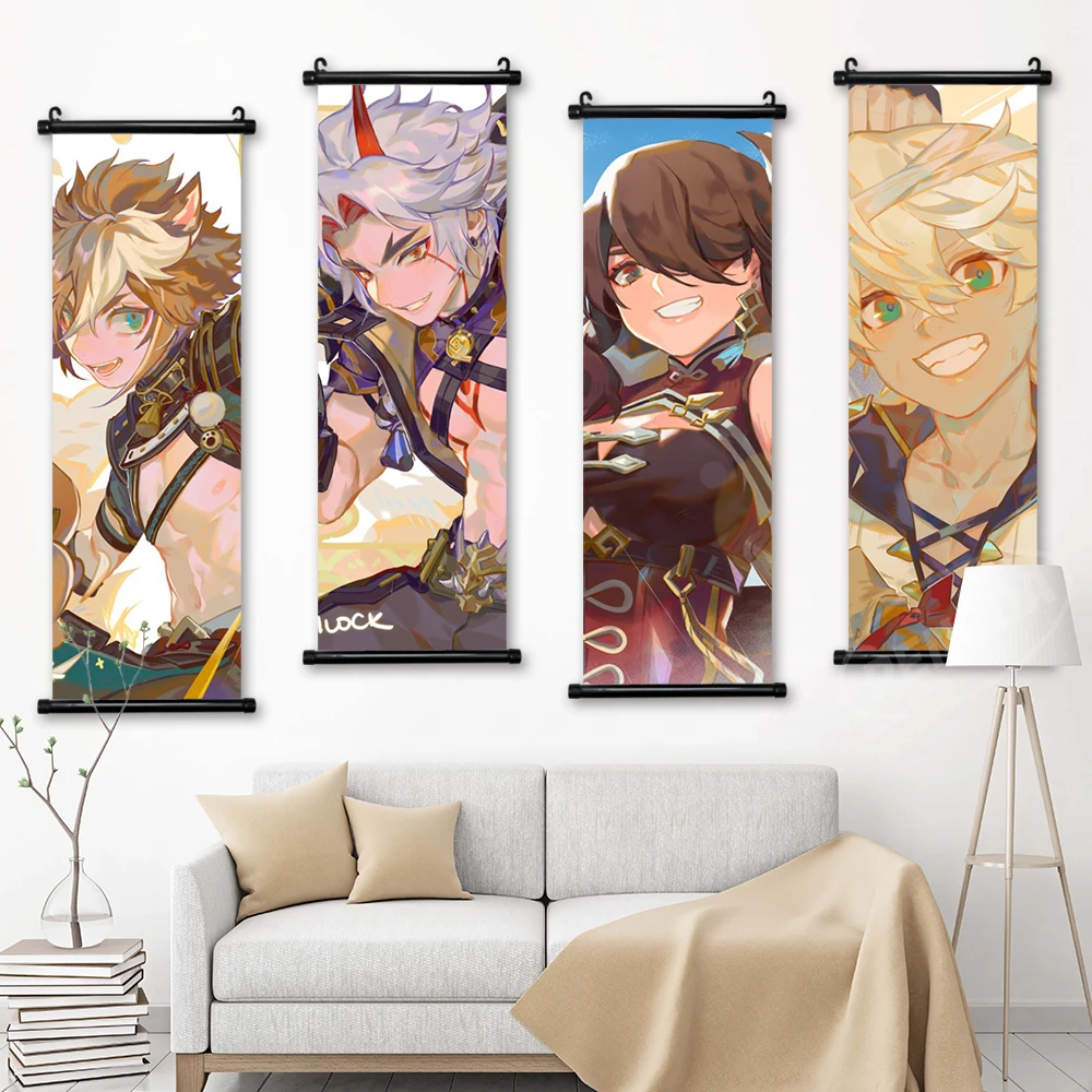 Wall Art Scroll Genshin Impact Hanging Painting Thoma Canvas Game Poster Arataki Itto Picture Print Keqing Home Decor Kids Room