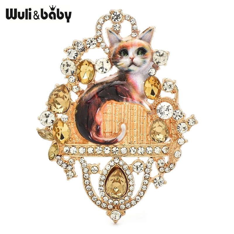 Wuli&baby Luxury Palace Style Cat Brooches For Women Unisex 4-color Rhinestone Enamel Animal Party Brooch Pins Christmas Gifts