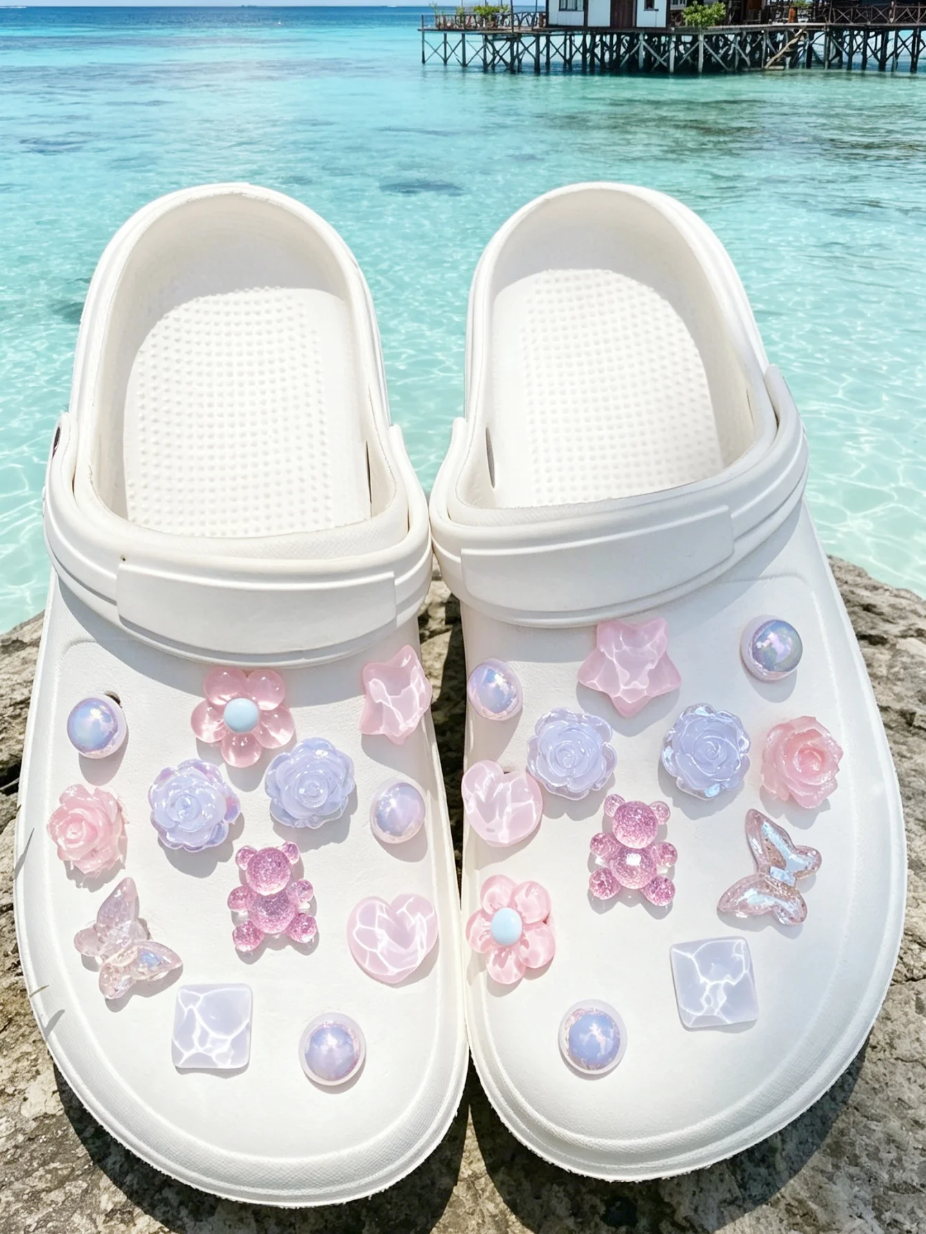 24pcs Fashionable & Versatile Multi-color Flower, Butterfly & Crystal ABS Shoe Charms. DIY Detachable Garden Clog & Sandal Clips
