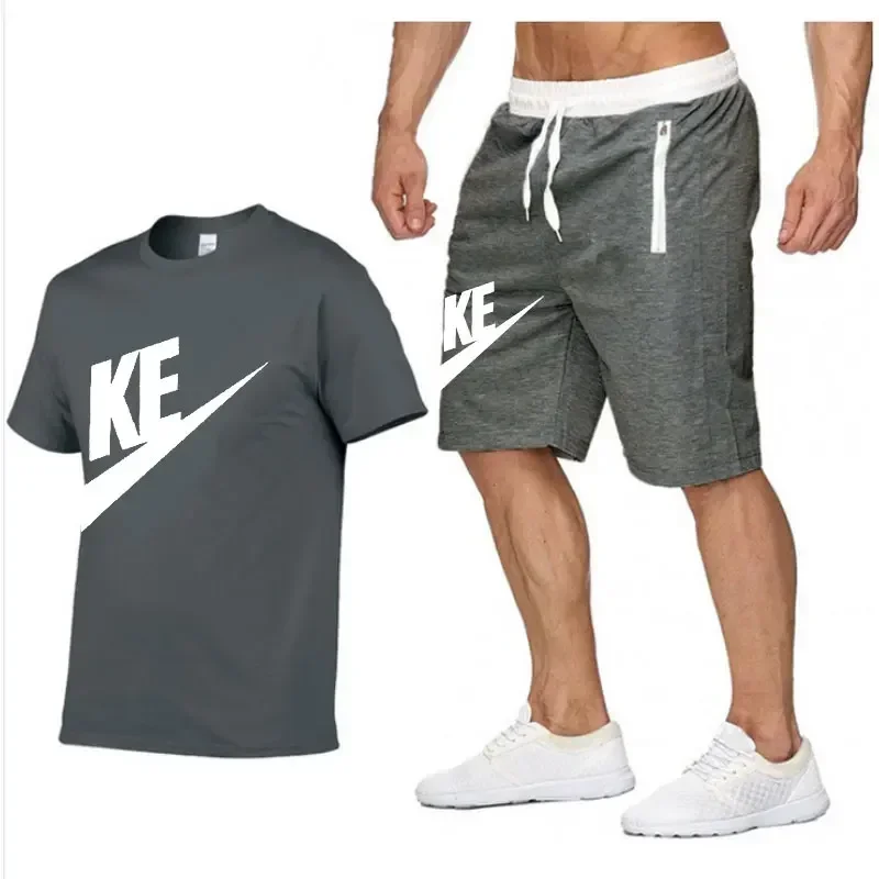 Conjunto de camiseta e shorts masculinos estampados com gola redonda, manga curta, shorts de 5 pontos, esportes fitness, moda casual, verão, 2