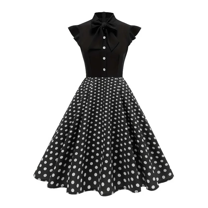 

2025 Новое Хепберн винтажное красное и свободное платье в горошек 1950-х годов с завязками на шее и оборками на рукавах, летнее женское элегантное платье на пуговицах спереди