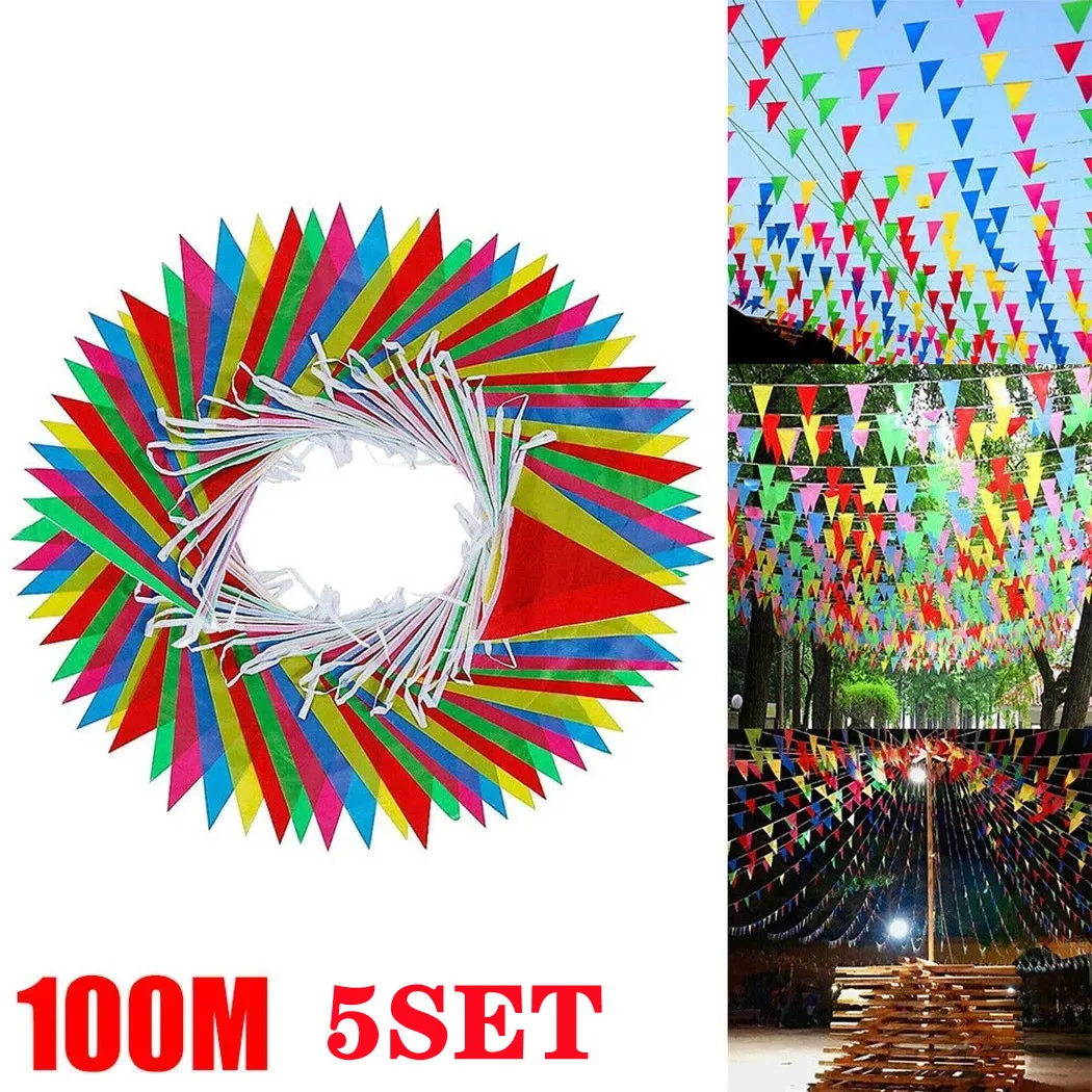 100M Multicolored Triangle Flags Bunting Party Banner Triangle Garland For Kindergarten Home Garden Wedding Shop Street Decor