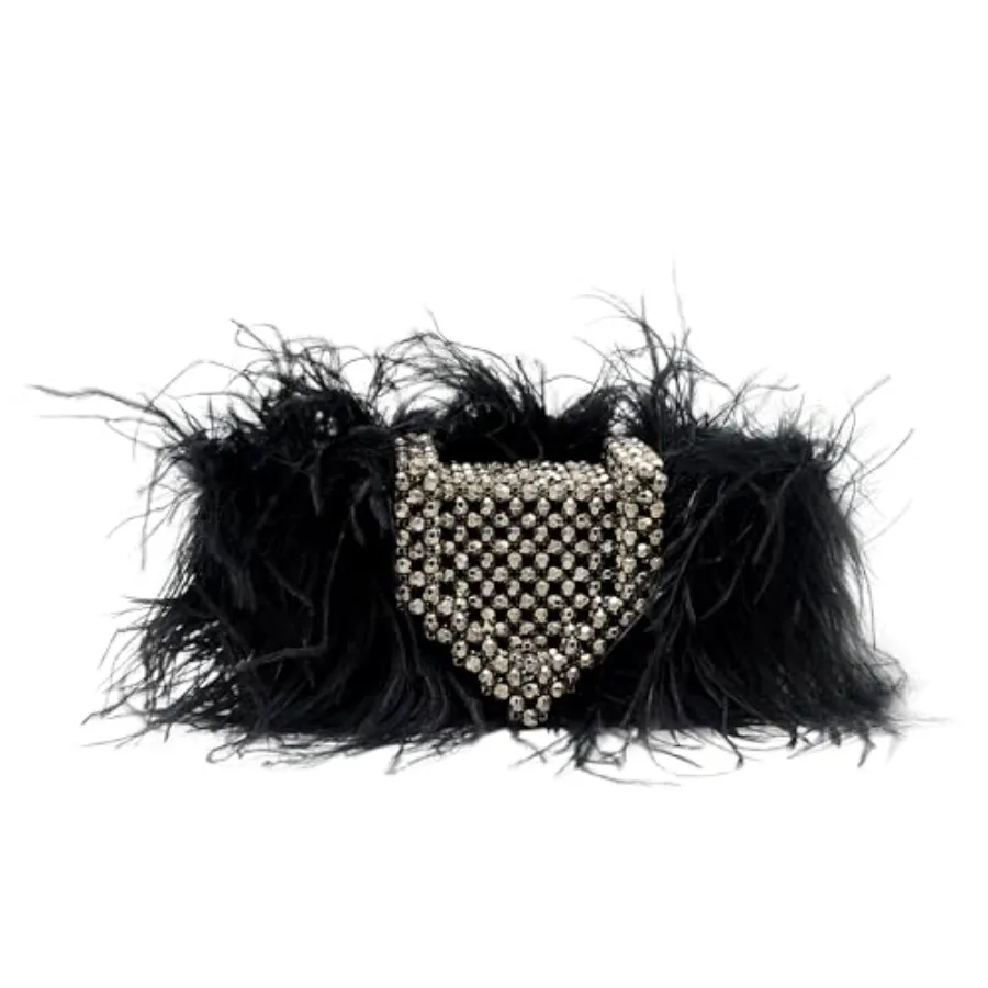 

Evening clutch purse for women, ostrich leather, beige, handmade beaded fur detail, crossbody wearable