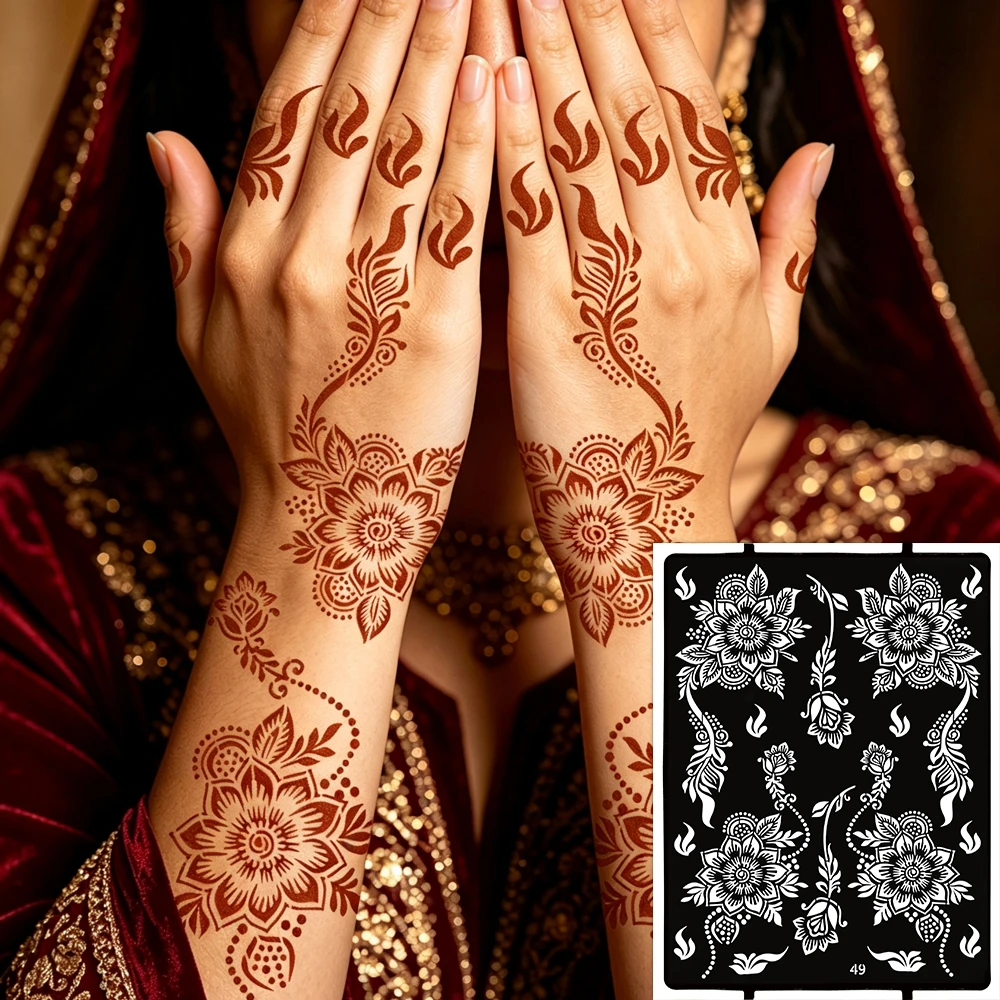1 Sheet Henna Tattoo Stencil for Women Body Painting Flower Template Mehndi Stencil for Hand Foot Wedding Festival Body Painting