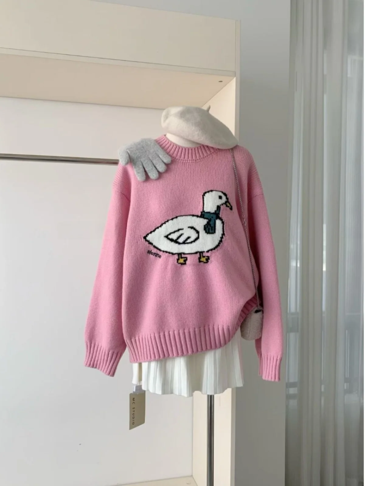 Rena Cute Three-Dimensional Cartoon Duck Pattern Autumn and Winter round Neck Sweet Contrast Color Jacquard Embroidery Sweate...