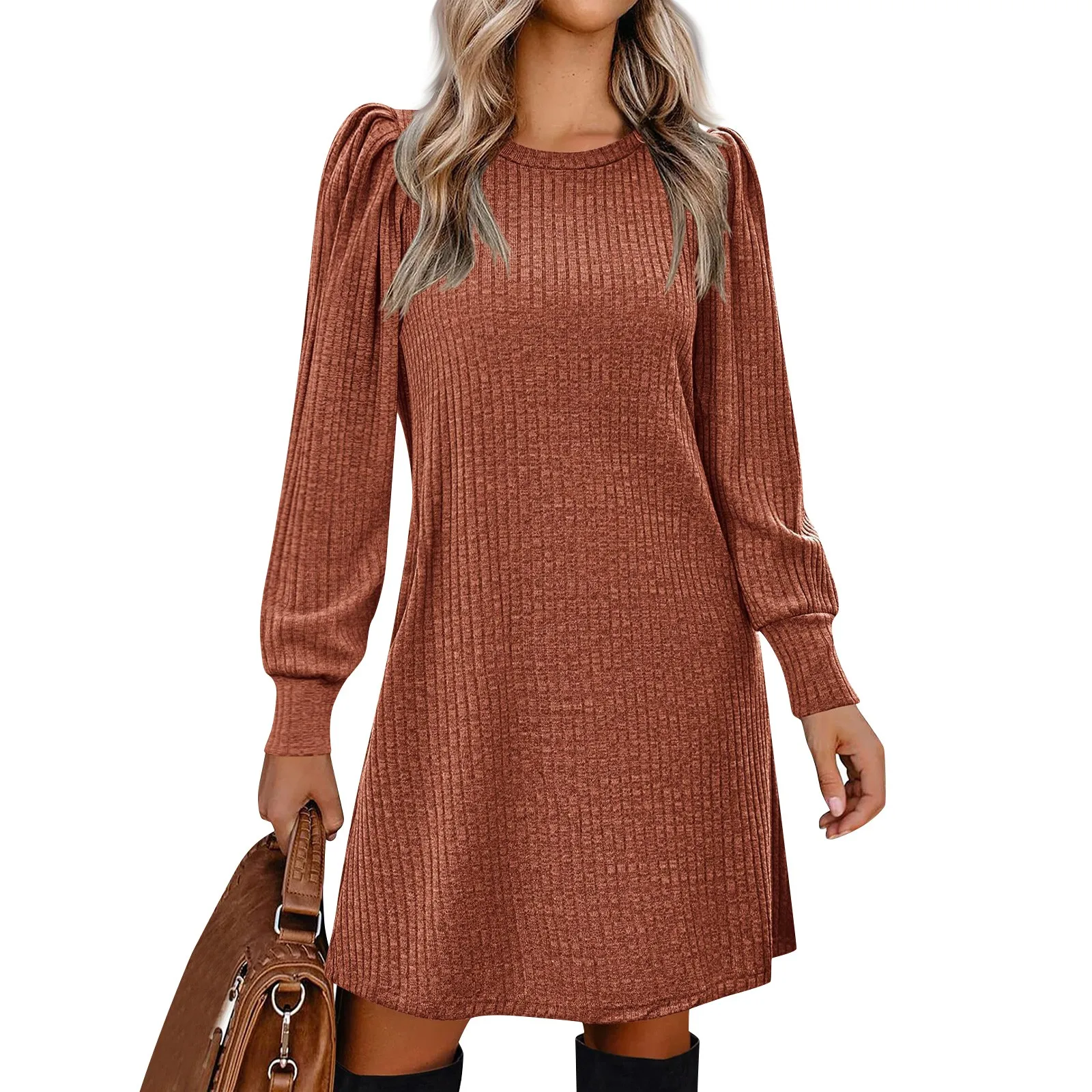 Womens Puff Long Sleeve Dress Casual Knit Crewneck Knee Length Dresses With Pockets Women Dress 2024 Trend Womens Dresses Casual