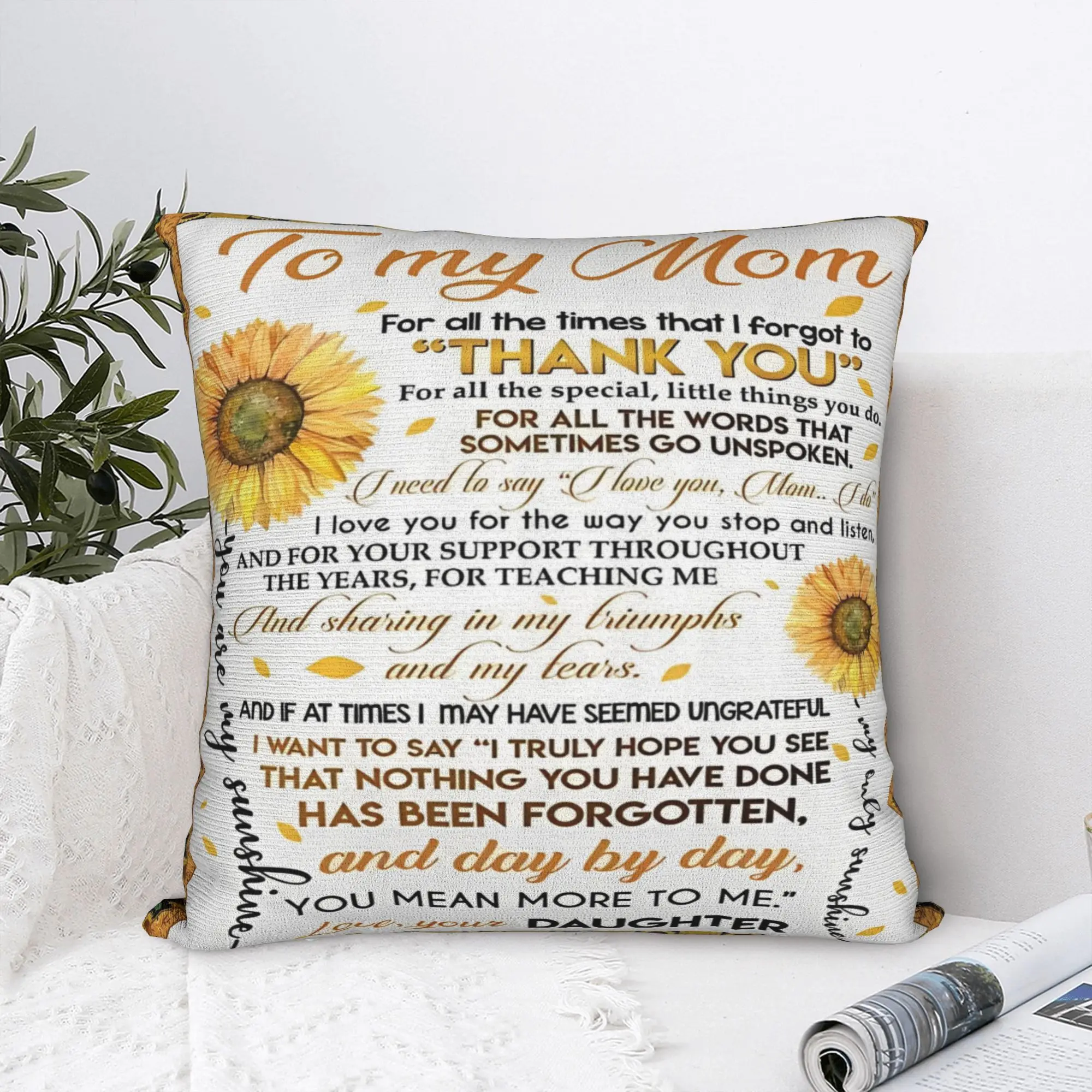 Mother's Day Letter From Daughter Pillowcase Polyester Cushion Cover Decorative Sunflower  Pillow Case Cover Home Zipper 40*40cm
