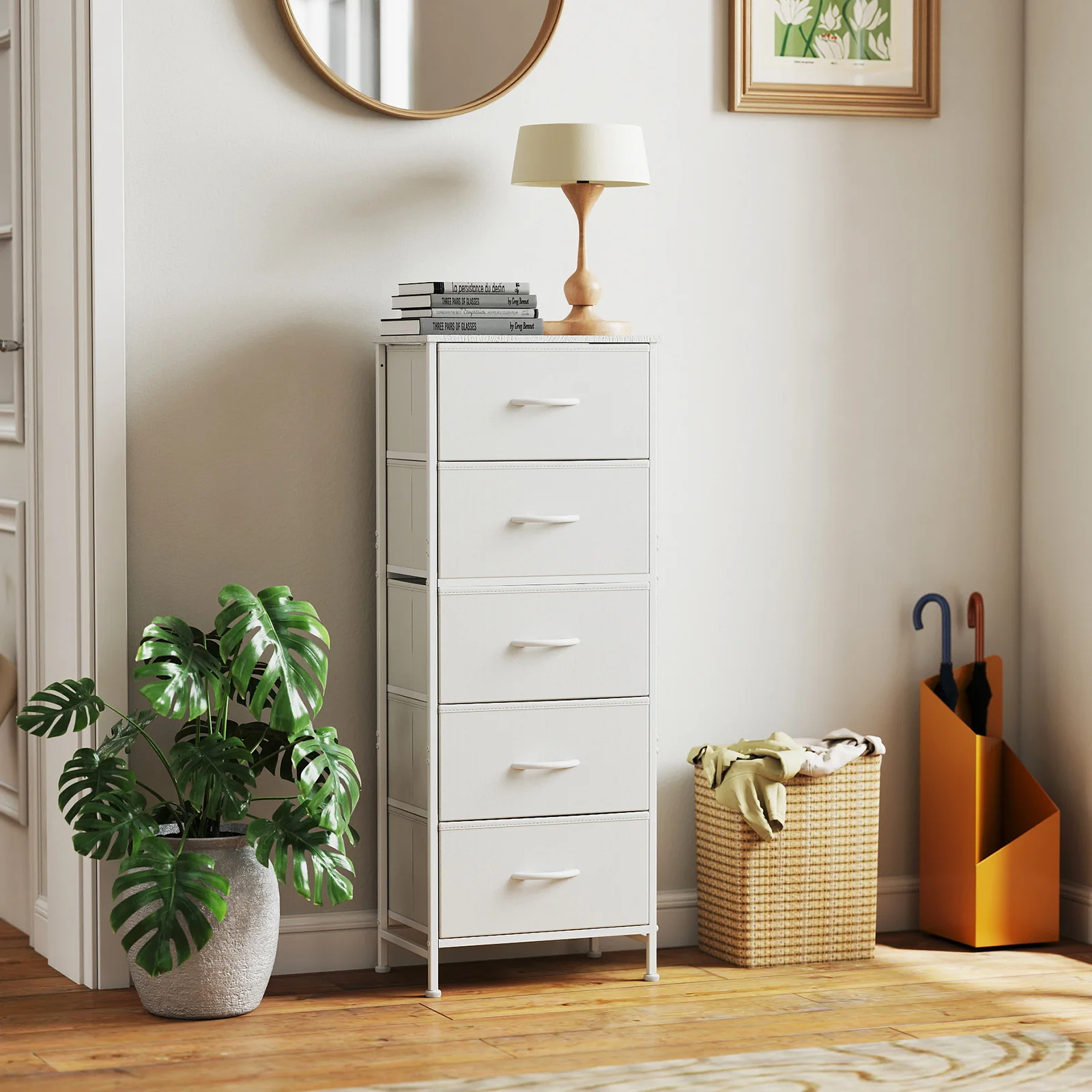 MCQ 5 Fabric Tall Drawers Cabinet  with Removable Fabric Bins Sturdy Steel Frame Wood Top Organizer Furniture for Living Room