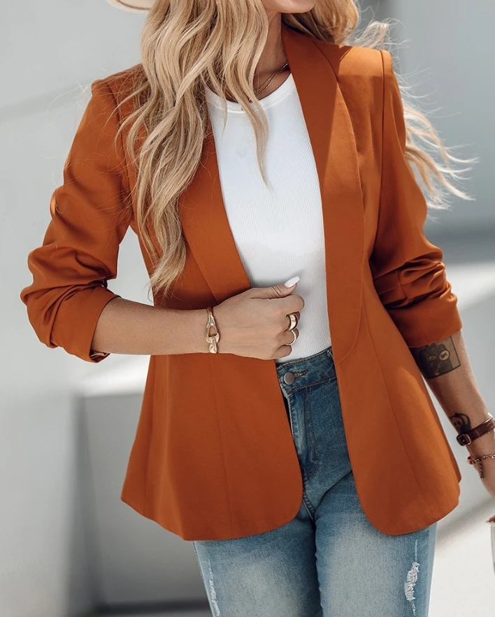 Women's Solid Color Jacket 2024 Autumn Winter Latest Shawl Collar Open Front Blazer Coat Long Sleeved Waist Cinching Cardigan