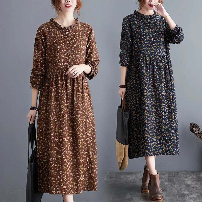 Retro Artistic Cotton Linen Shirt Dress Loose Large Size Fashionable Floral Long Women's Clothing Commute Style A-Line Skirt