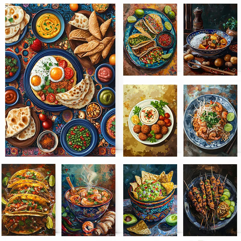 Thai Satay Grillspieße Guacamole Tom Yum Suppe Carnitas Tacos Poster Druck Wandkunst Bilder Leinwand Malerei Zimmer Home Decor