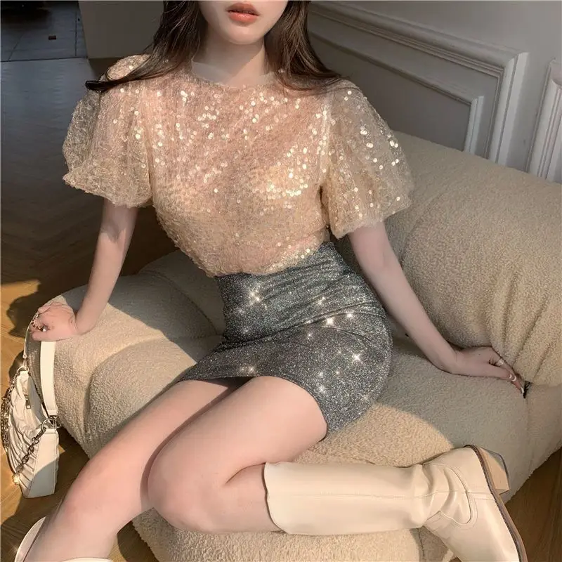 2023 Summer New Solid Color Round Neck Puff Sleeve T-shirt Women Fashion Sequined Lace Tees Korean Style Casual Temperament Tops