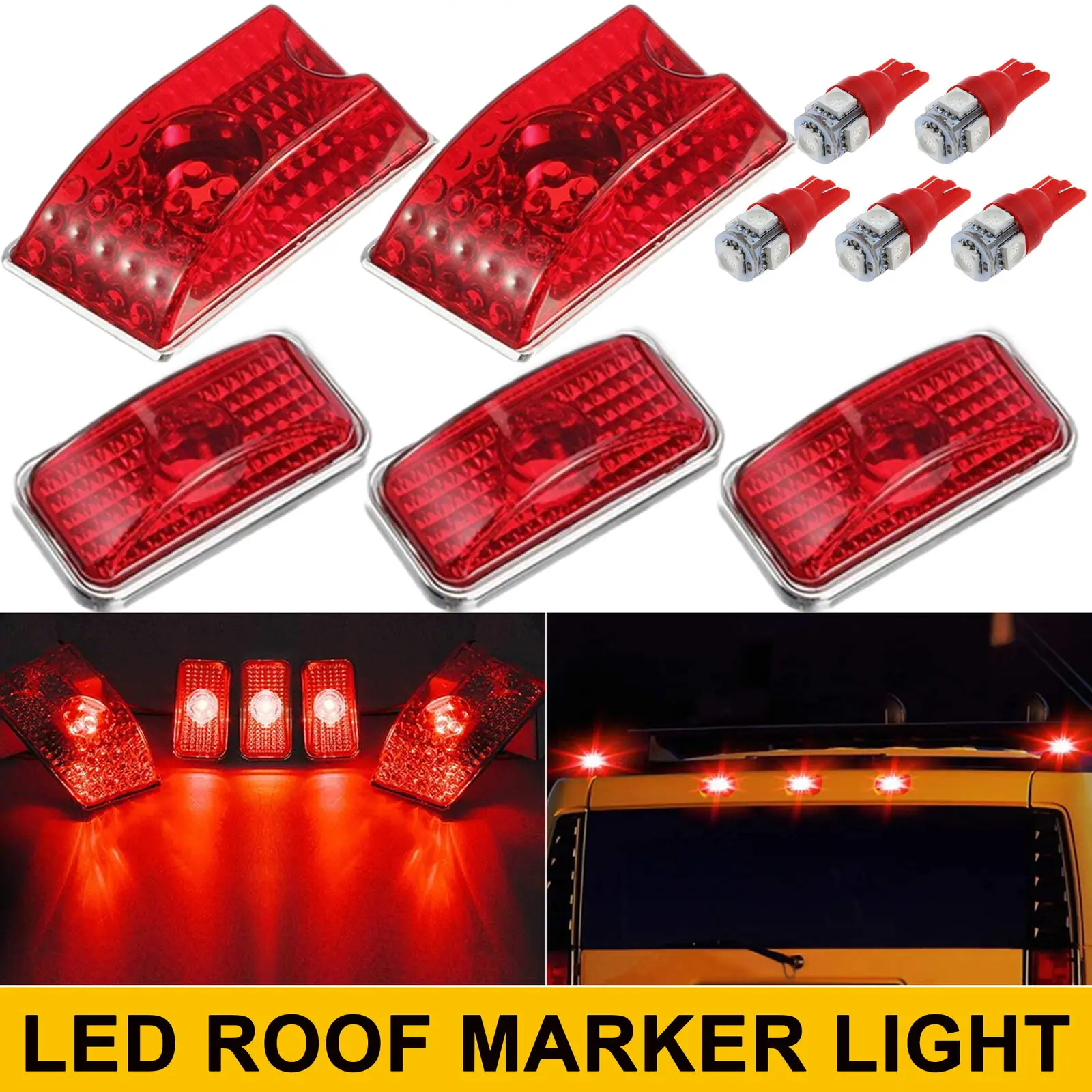 

Winetis 5Pcs For 2003-2009 Hummer H2 SUT SUV Red Cab Marker Roof Top Clearance Running Lights + T10 Red LED Bulbs