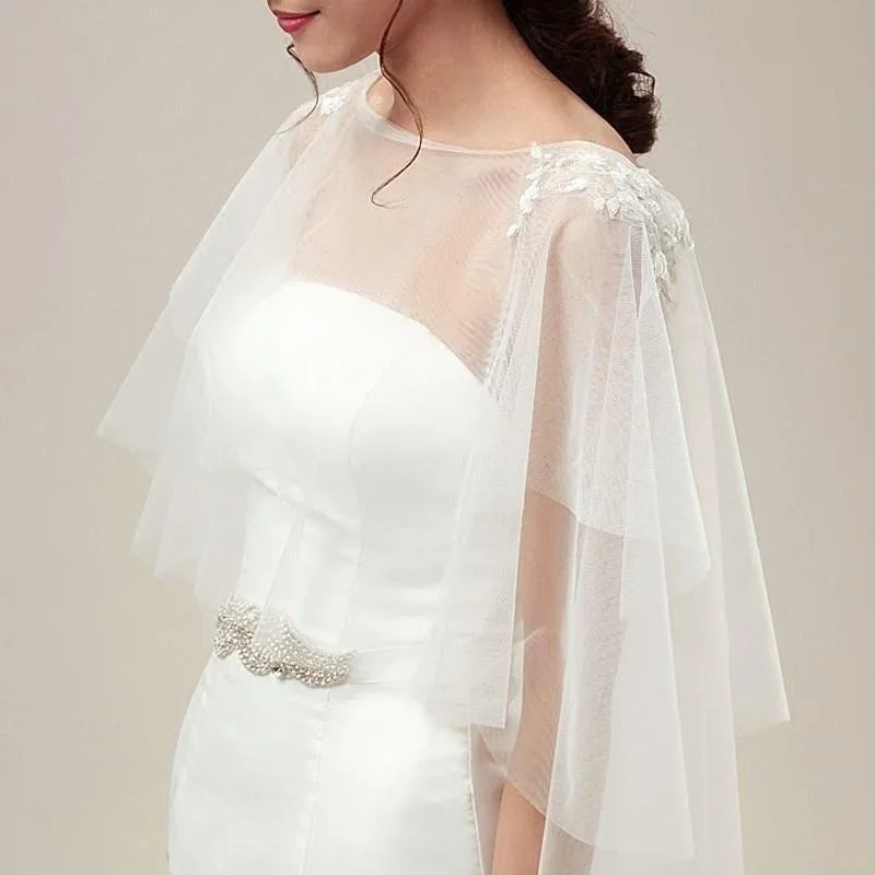 白/アイボリーのチュールのウェディングジャケット,結婚式用の短いショールの形をしたウォレットドレス