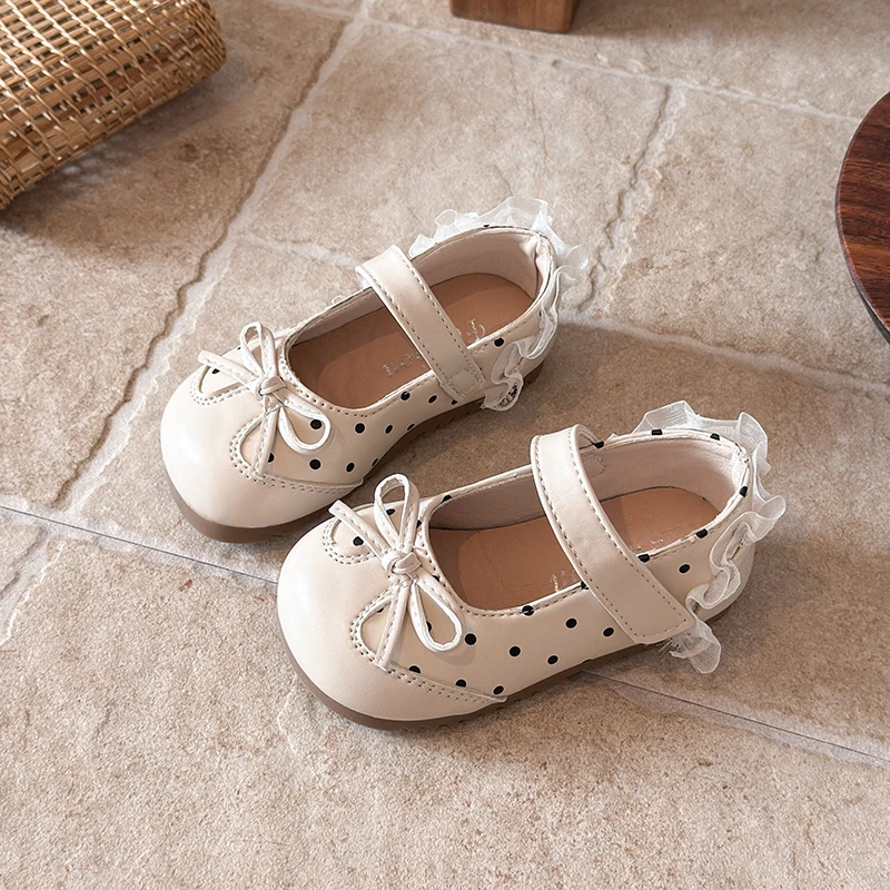 Elegant Children Princess Leather Shoes Lace Ruffle Toddler Wedding Party Flat Shoes for Girls Kids Polka Dot Mary Jane Shoes