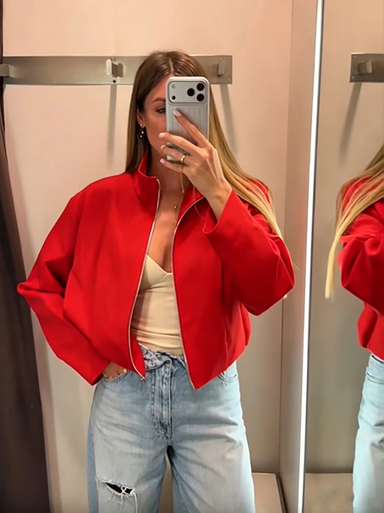 Vintage Rote Kurze Jacke mit Hoher Taille für Damen, Schicker Reißverschluss, Lange Ärmel, Stehkragen, Locker Sitzender Mantel, Herbst Damen Alltags-Streetwear Neu – Detail 5