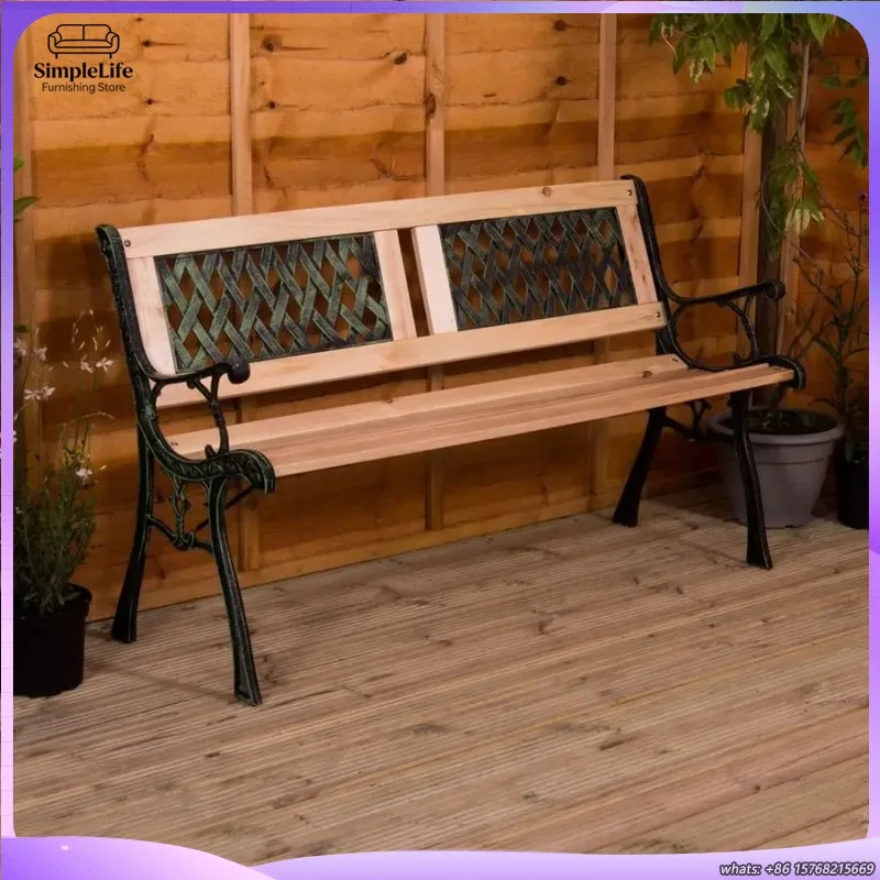 3人掛け屋外ガーデンベンチ、木製スラットと鋳鉄製の脚付き、パティオ、公園、庭の装飾用、ツインクロススタイルデザイン