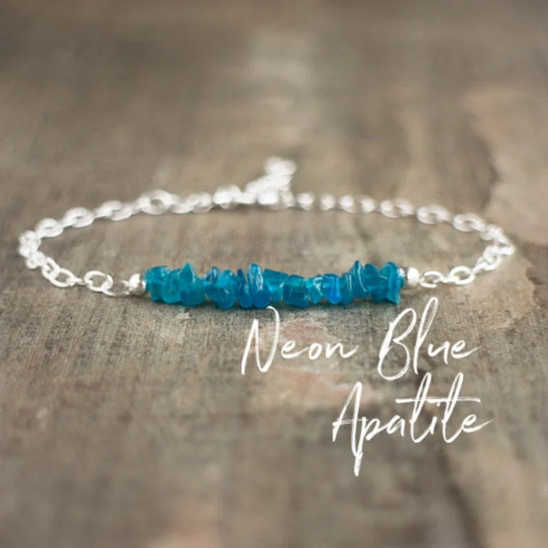 Neon Blue Apatite Bracelet, Raw Crystal Bracelet, Girlfriend Gift for Friend, Blue Stone Bracelet, Apatite Jewelry