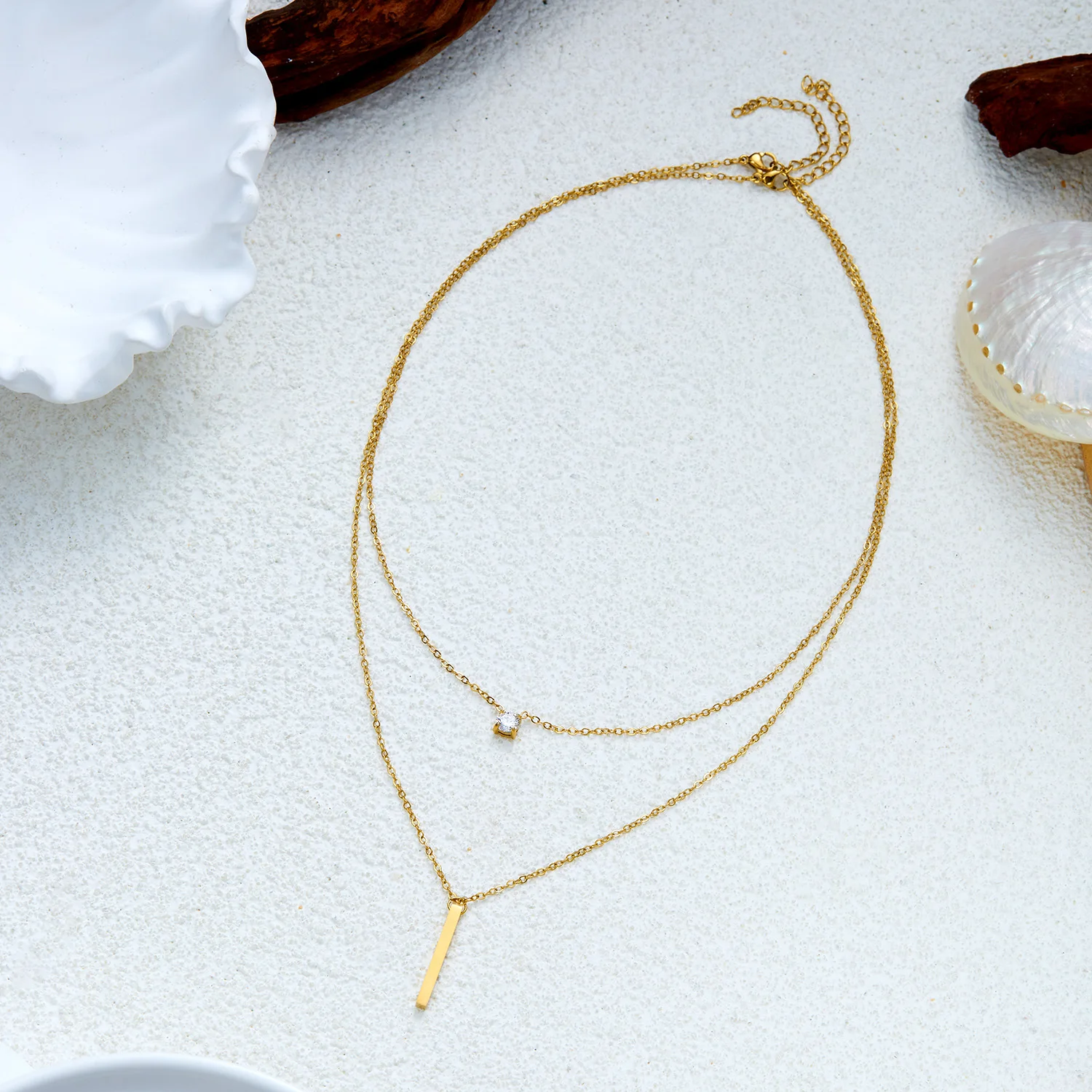 Geometrisches, geschichtetes Halsketten-Set aus Edelstahl mit Zirkonia für Damen, PVD-vergoldeter Stabanhänger, Party- und Alltagsschmuck, Geschenk – Detail 8