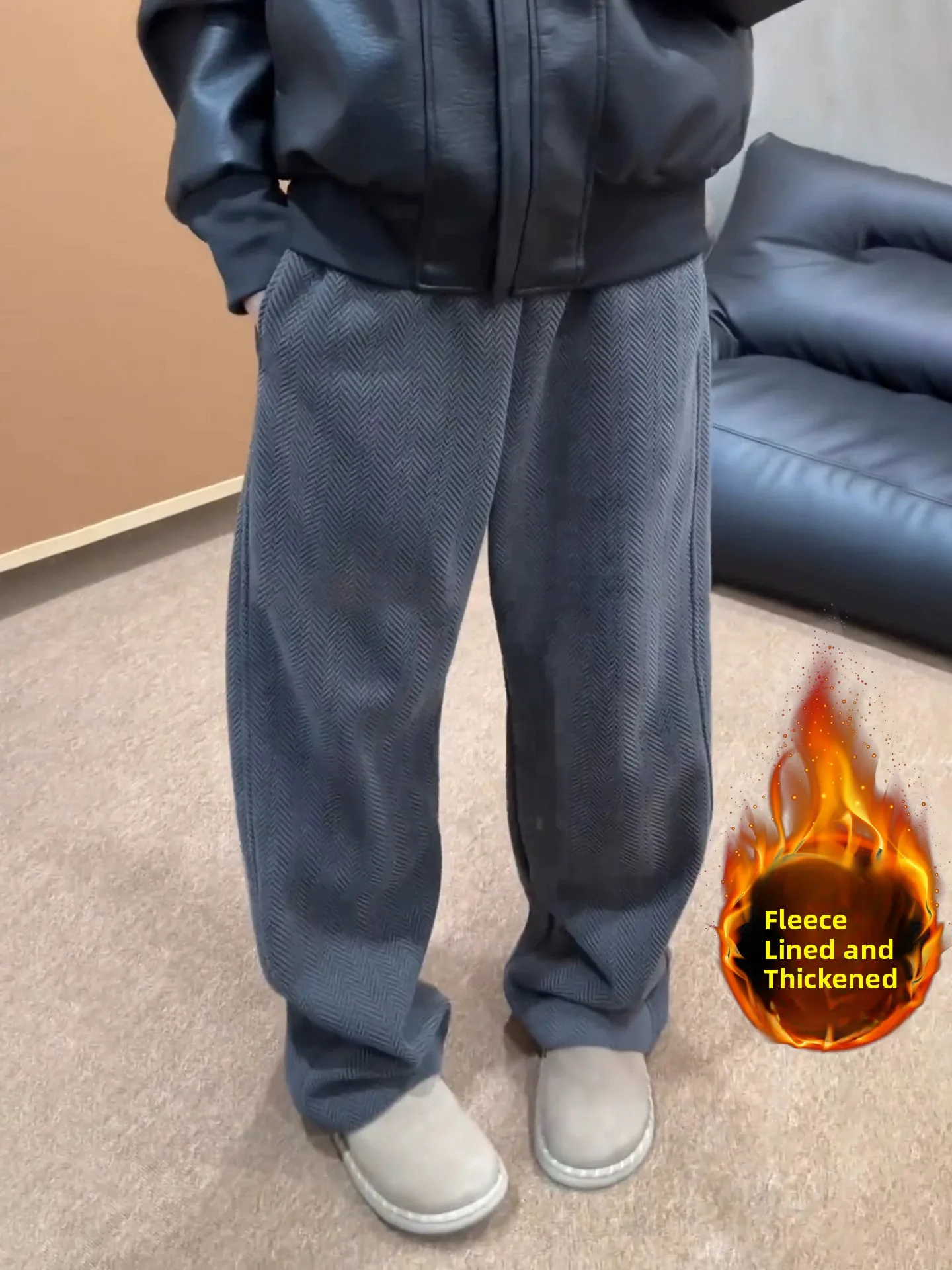 Men's Winter Thickened Fleece Lined Casual Pants American Retro Cleanfit Warm Loose Knife Casual Trousers Straight Leg