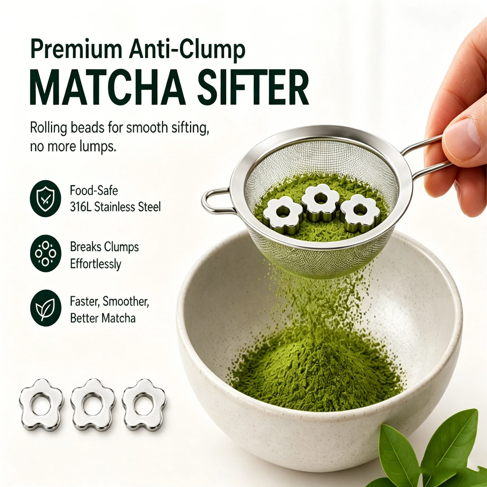 Premium Anti-Clump Matcha Sifter Stainless Steel Sieve with Rolling Beads for Smooth Sifting No More Lumps Food-Safe Durable
