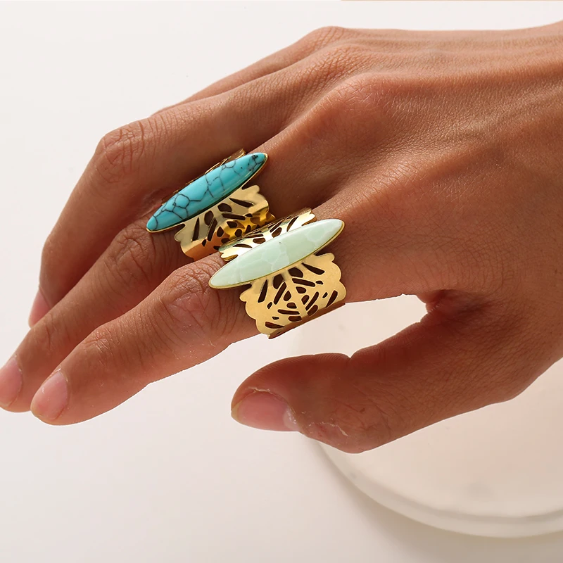 Gold Color Wide Butterfly Pattern Ring Stainless Steel Natural Stone for Women Opening Adjustable Jewelry Gift Wholesale image 5