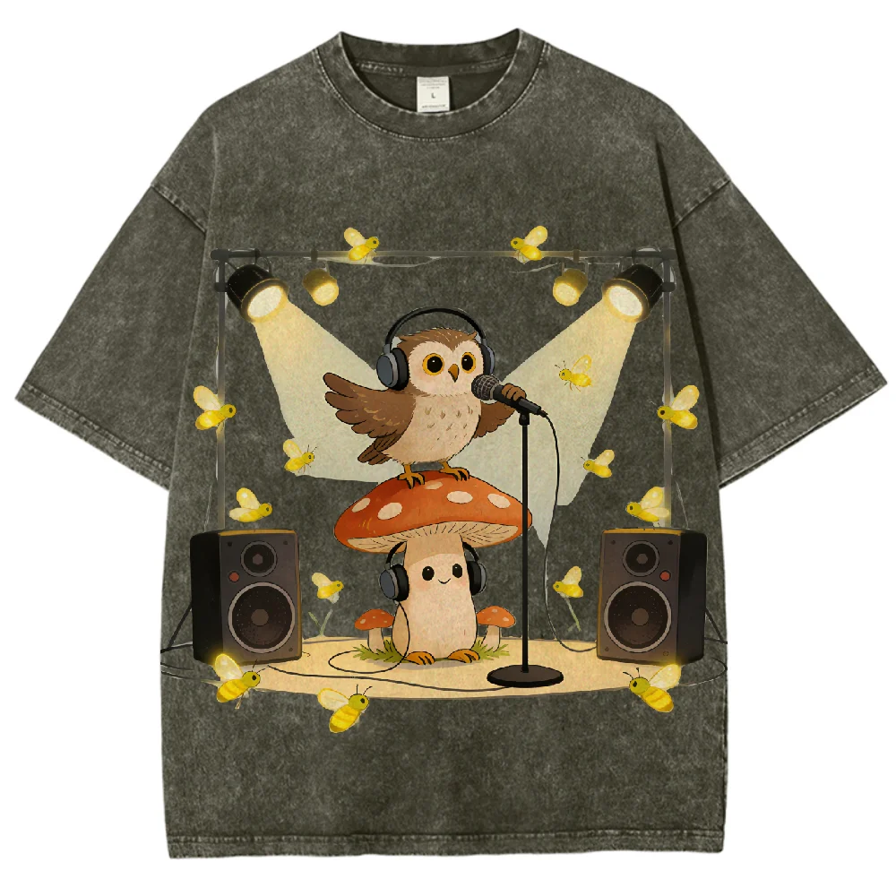 

Owl & Mushroom Music Pattern T Shirt Oversized Short Sleeve Unisex Tee Durable Cotton Mix Comfort Fit Casual Outdoor Wear Cute