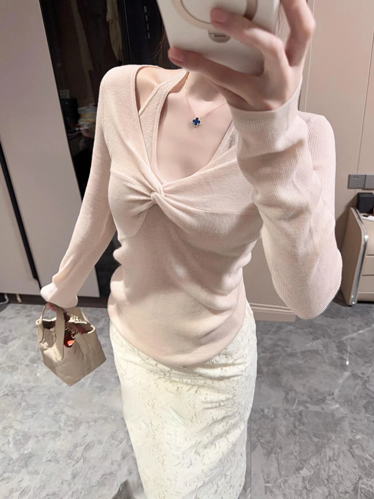 

Ele V-Ne Knitted Slim Fit Base irt Women's Faionable Inner Wear Autumn Winter New Sle Beautifully Twisted Ne Top