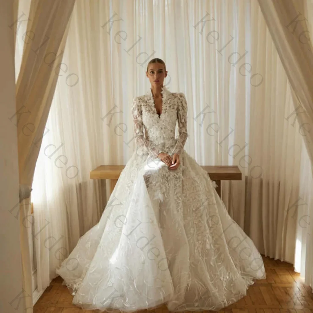 Customized Elegant V Neck A-line Long Sleeve Wedding Dresses High Quality Sequin Lace Appliques Pearls Floor-Length Bridal Gowns
