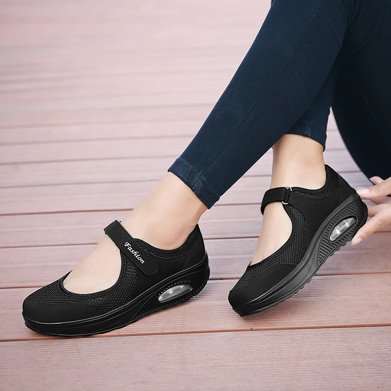 Summer Mesh Casual Women\'s Shoes Sports Shoes IncreaseOutdoor Thick Bottom Slope Heel Breathable Hiking Shoes Large Size
