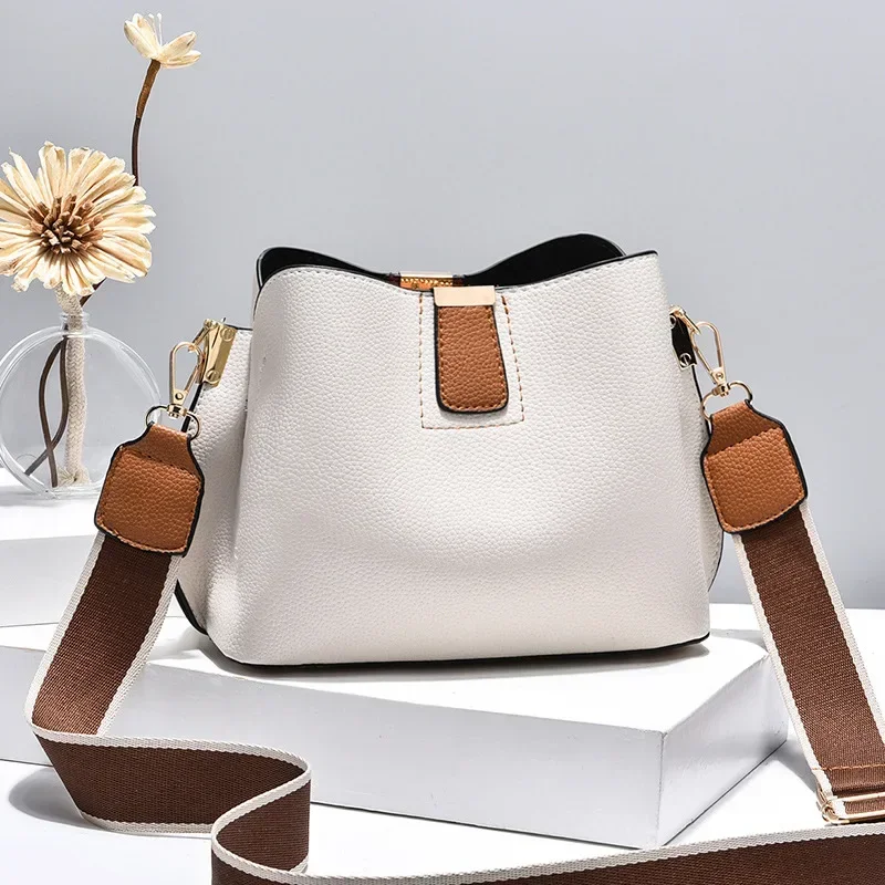 

Simple casual lychee pattern bucket bag 2024 new trend contrasting color shoulder messenger bag