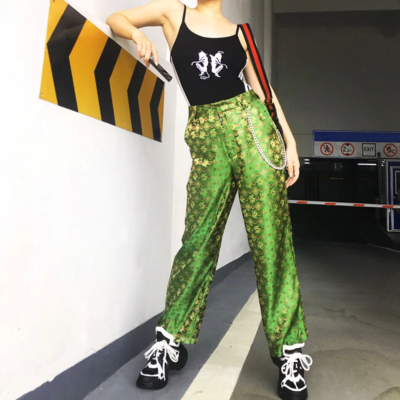 Y2K Retro Pants Chinese Dragon Embroidery High Waisted Green Straight Leg Loose Street Hip Hop for Women