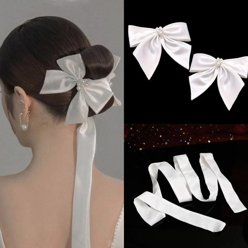 

2Pcs Wedding Pearl Bow Hairpin Long Ribbon Bowknot Elegant French Barrettes Clip 15UB