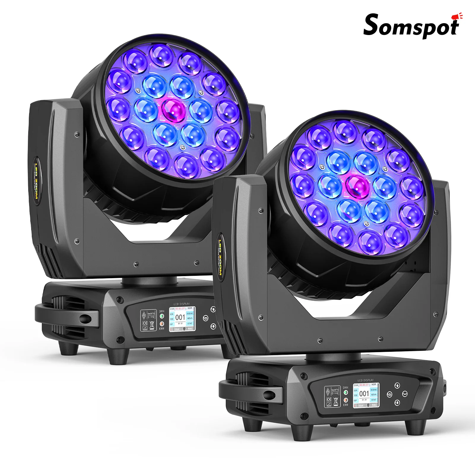 Somspot 2er-Set 19x15W Moving Head Licht RGBW Beam-Effektlichter Fokussierlichter Wash-Zoom-Lichter für Bühne, Disco, Party, Bar, Club, Konzert, Theater, Live-Show, Hochzeit
