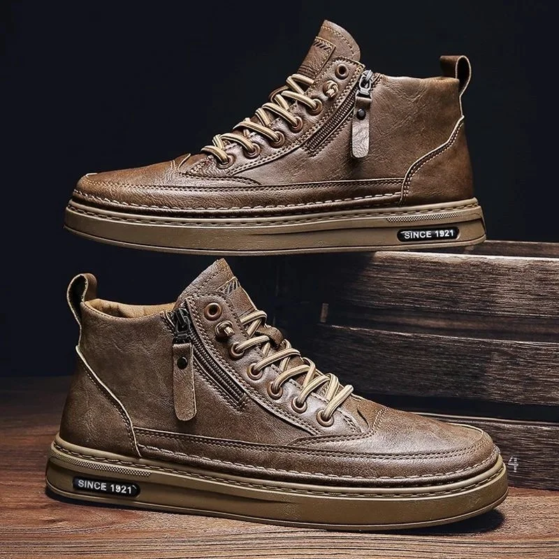 

Men's Leather Boots High Casual oes Spring Season Zippered ort Calf PU Leather Upaded Breathable Comfortable Faionable