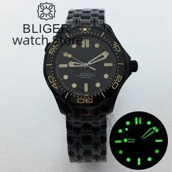 BLIGER 41mm NH35 Automatic Mechanical Men's Watch Black Dial Luminous Index Sapphire glass Spiral Crown Stainless Black Bracelet