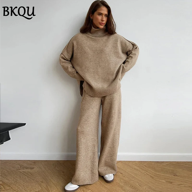 BKQU Women\'s Knitted Two Piece Pants Set 2024 Autumn Winter Turtleneck Sweater and Wide Leg Long Pants Matching Homewear Suits