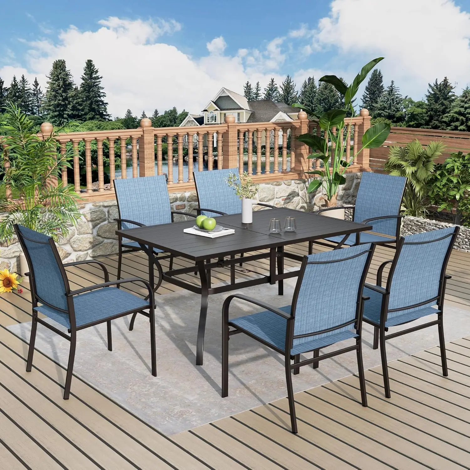 

Outdoor and Chairs, Patio Dining Sets for 6 with Blue and Metal Rectangular Table for Deck Backyard Lawn Poolside