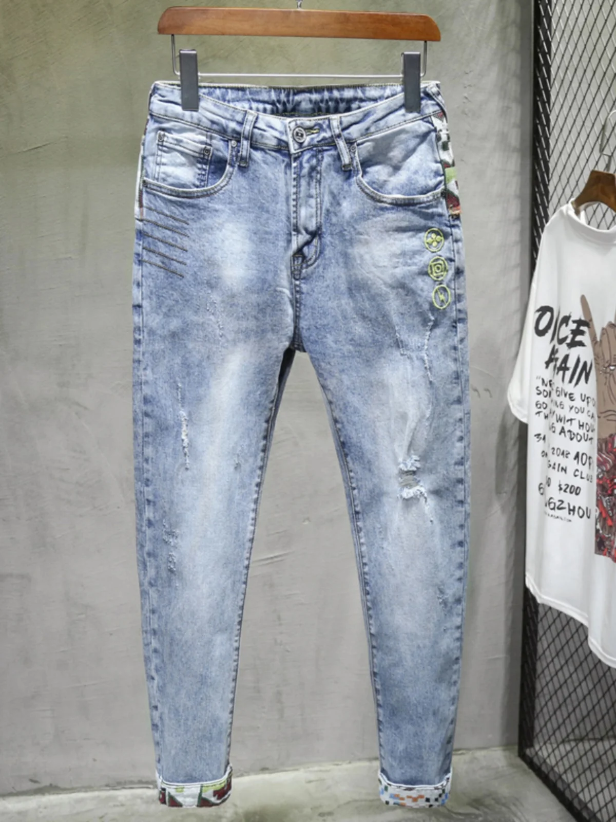 

Summer Thin Spliced Hole Punching White Jeans Slim Fit Casual Nine Points Patchwork Trendy Brand Embroidery Cotton Elastic Denim