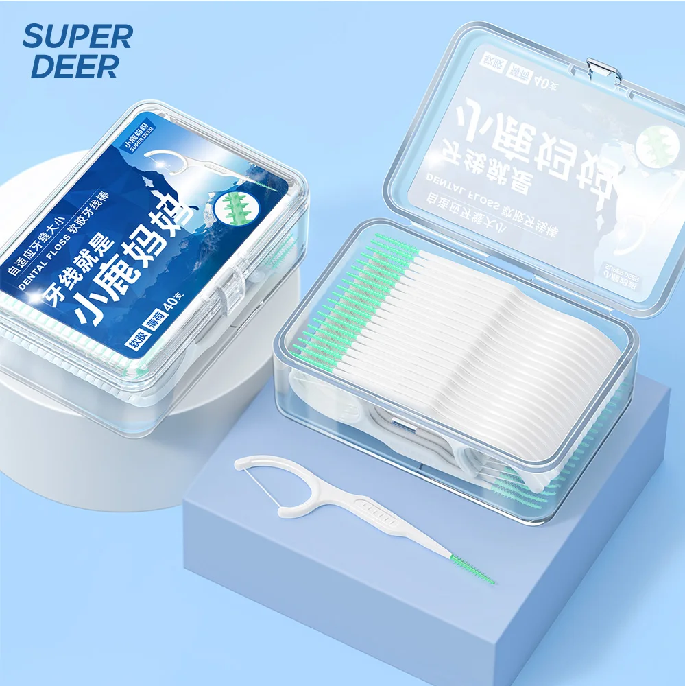 SUPER DEER Adaptive Interdental Soft Gel Dental Floss Picks,Mint Flavor,40Pcs/Box Portable Oral Care Tooth Cleaning Floss Sticks