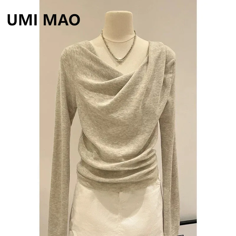 Sweter damski UMI MAO w stylu francuskim z dekoltem w łódkę, modny, nowy, jesienny, miękki, dopasowany, wyszczuplający, warstwa bazowa, koszulka.